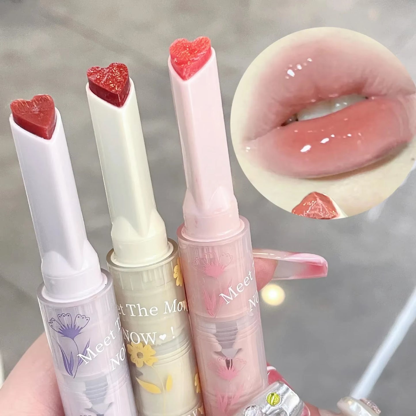 Water-Light Mirror Lip Glaze Glitter Lip Tint Long Lasting Moisturising Love Heart Shape Solid Lipstick Pen Lips Makeup Cosmetic