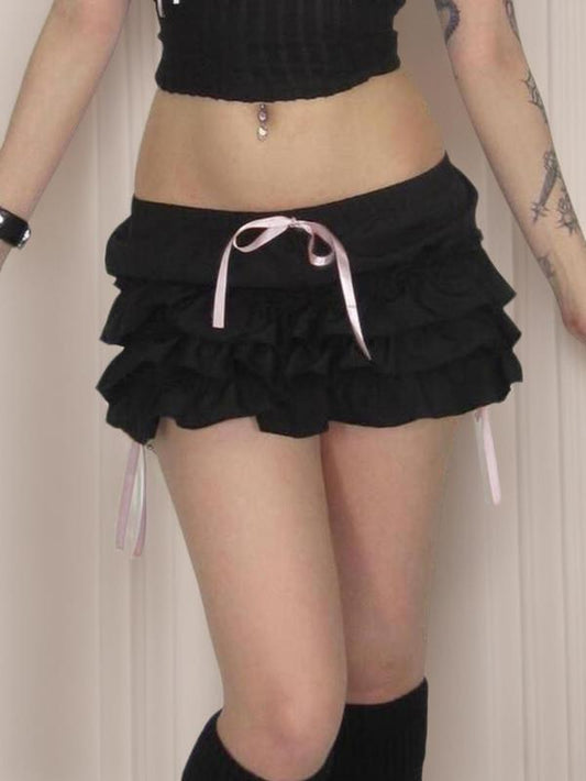 Women's Bow Decor Frill Trim Tiered Layer Skirt, Solid Color Drop Waist Mini Skirt, Ladies Summer Bottoms for Party Club Dating