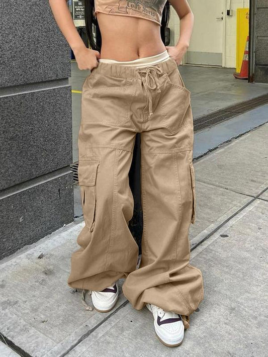 Women's Plain Drawstring Button Pocket Cargo Pants, Casual Streetwear Wide Leg Trousers for Summer, Ladies Bottoms for Daily Wear