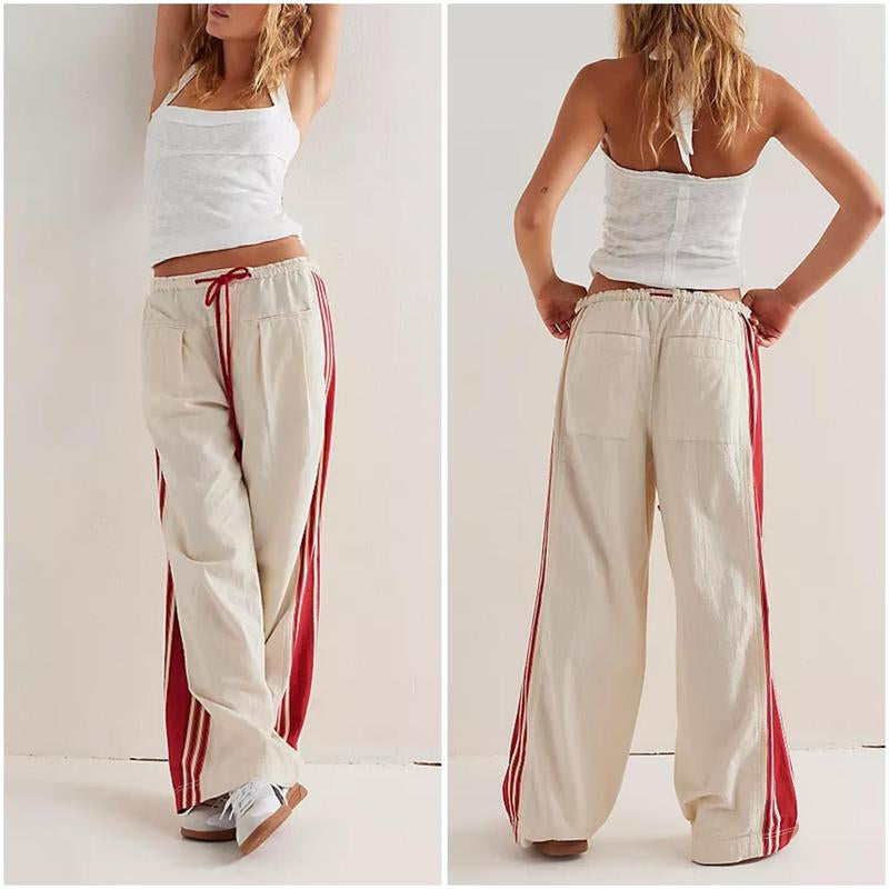 Yeokou Women'S Wide Leg Pants Drawstring High Rise Side Striped Slouchy Palazzo Pants with Pockets