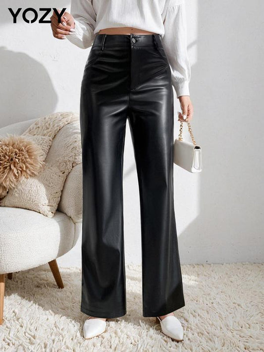 YOZY Women's Solid High Waist Straight Leg PU Leather Pants, Fashion Casual Button Fly Pocket Trousers for Daily Outdoor Wear