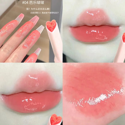 Water-Light Mirror Lip Glaze Glitter Lip Tint Long Lasting Moisturising Love Heart Shape Solid Lipstick Pen Lips Makeup Cosmetic